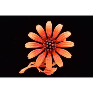 Vintage Hedy Floral Brooch Neon Coral Orange Flower Rhinestone Statement BinBP
